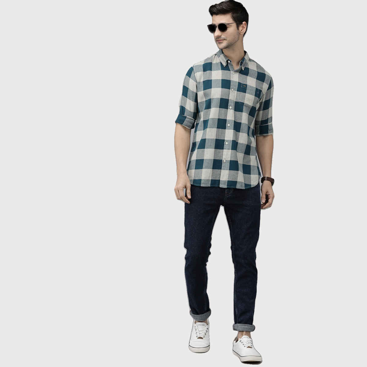 The Bear House Men Pure Cotton Checked Slim Fit Flannel Shirt Style-Juul Color -Teal Size - M