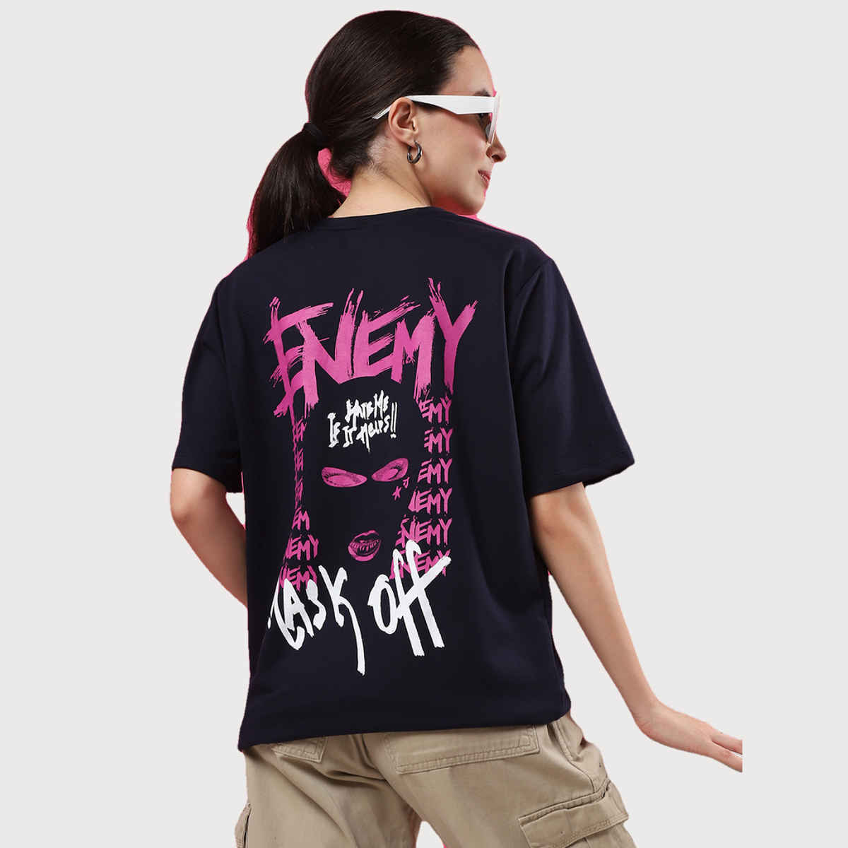 Rigo Women Terry Oversized Back Printed T-shirt | Navy - L