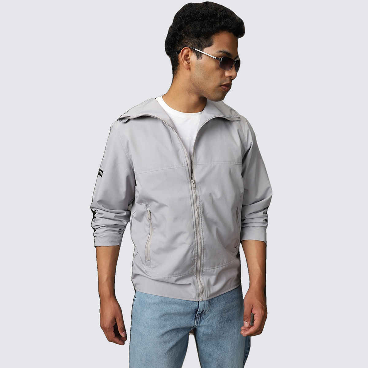 High Star Men's Windcheater Light Winters Hooded Bomber With Badge Detail Jacket | Gray - XL
