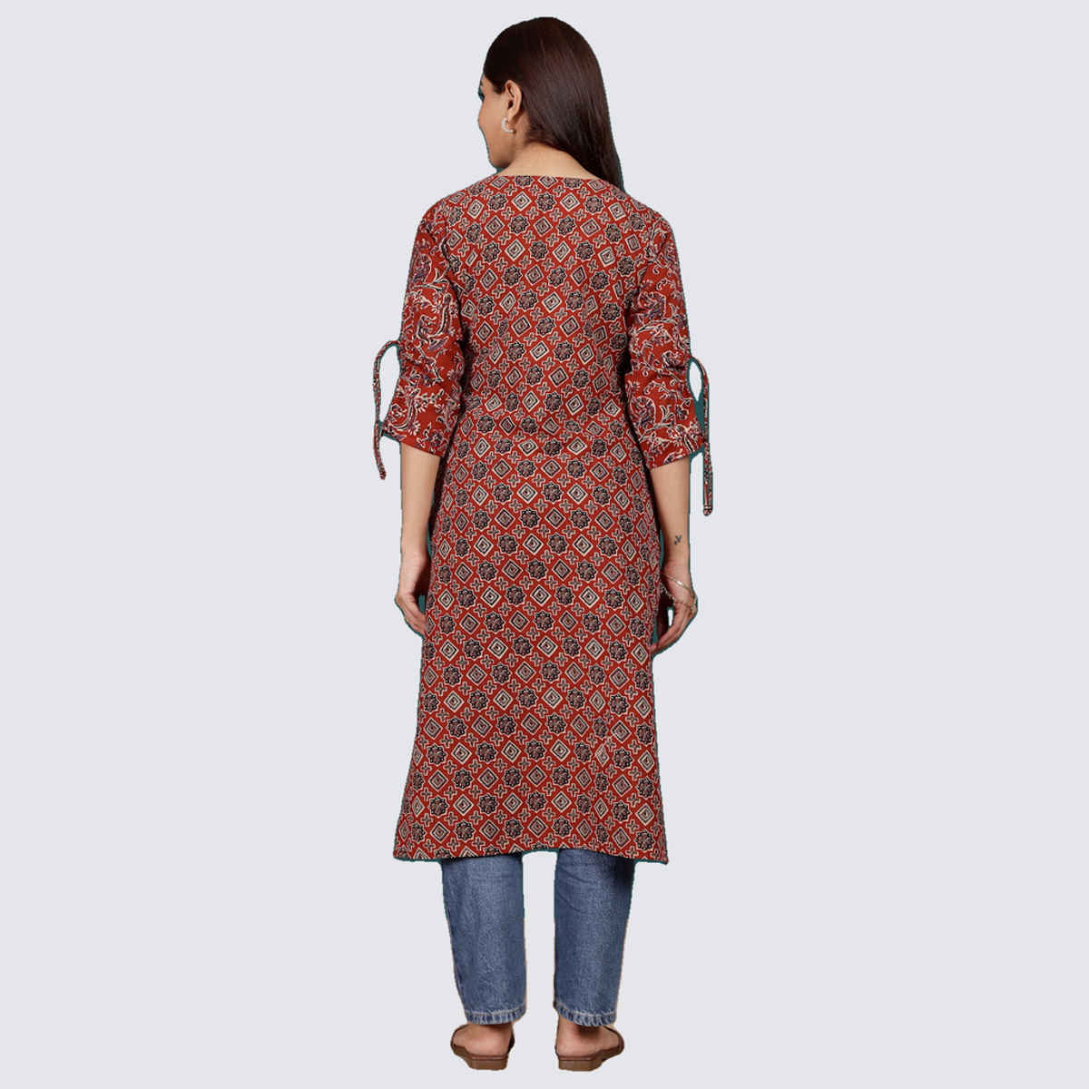 Varanga Women's Ethnic Jaipuri Printed V-Neck Fashion Sleeve Straight Kurta | Maroon - M