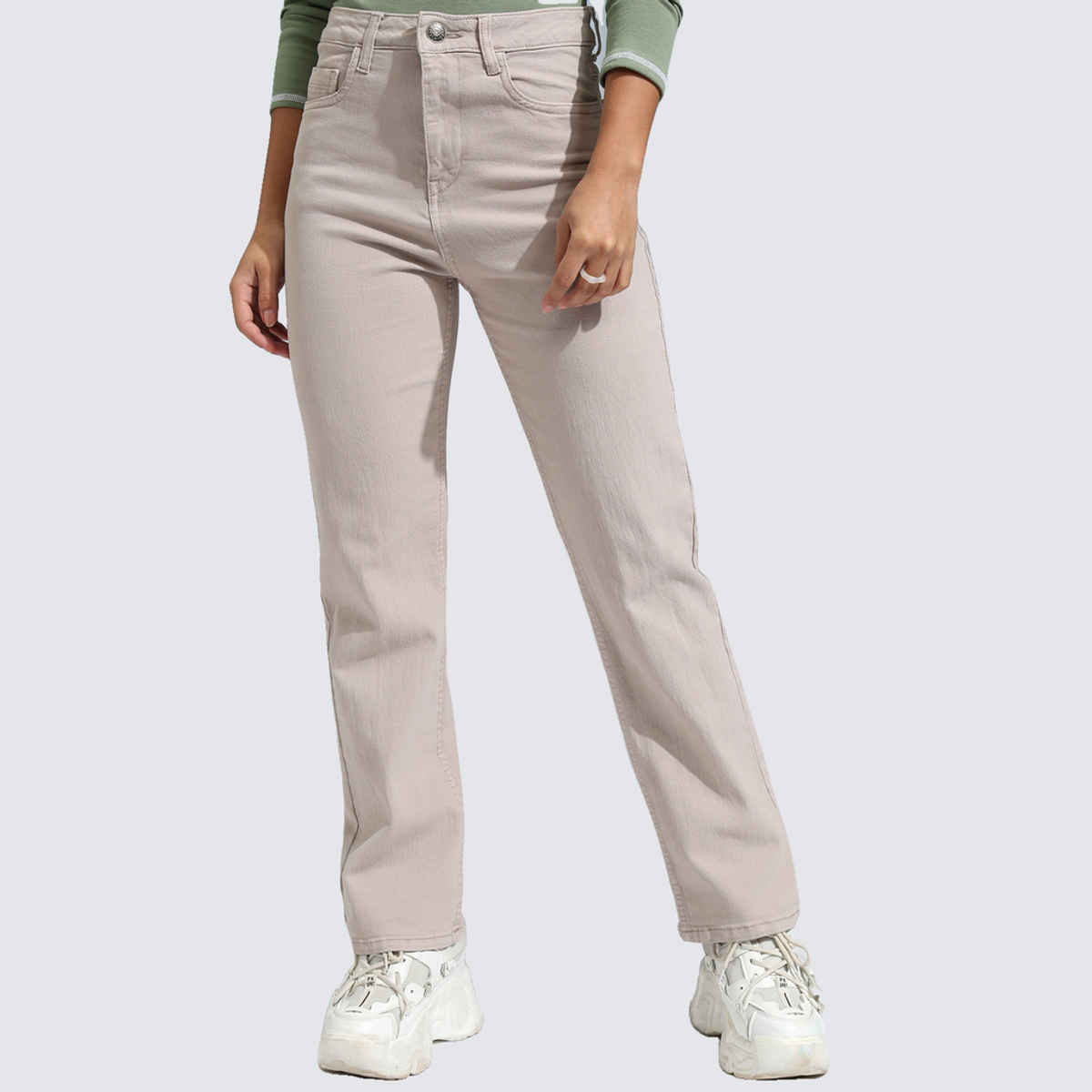 Tokyo Talkies Women's Straight Fit High - Rise Stretchable Jeans| Beige - 28