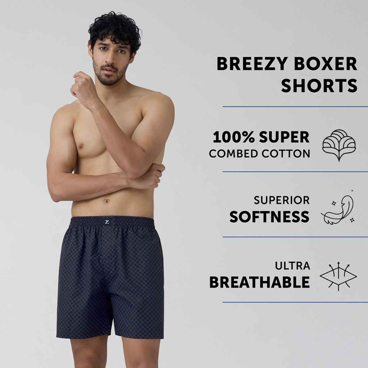 XYXX Men's Cotton Printed Boxer Shorts with Side Pockets, Blue Circle| M