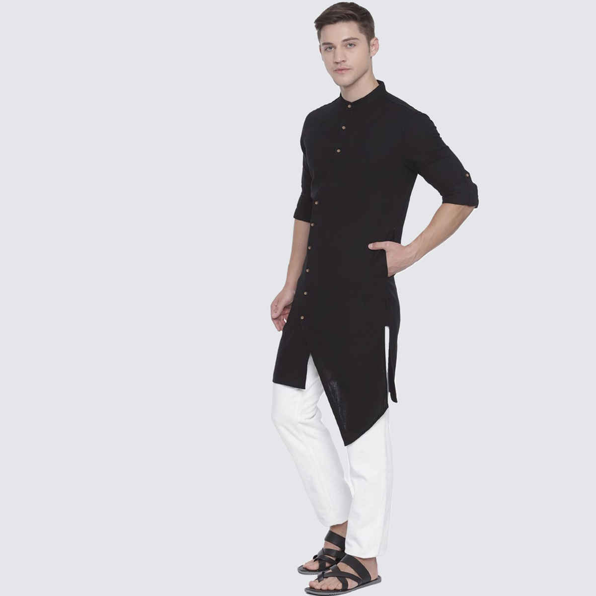 The Indian Garage Co Men's Slim Fit Solid Ethnic Kurta| Black - M