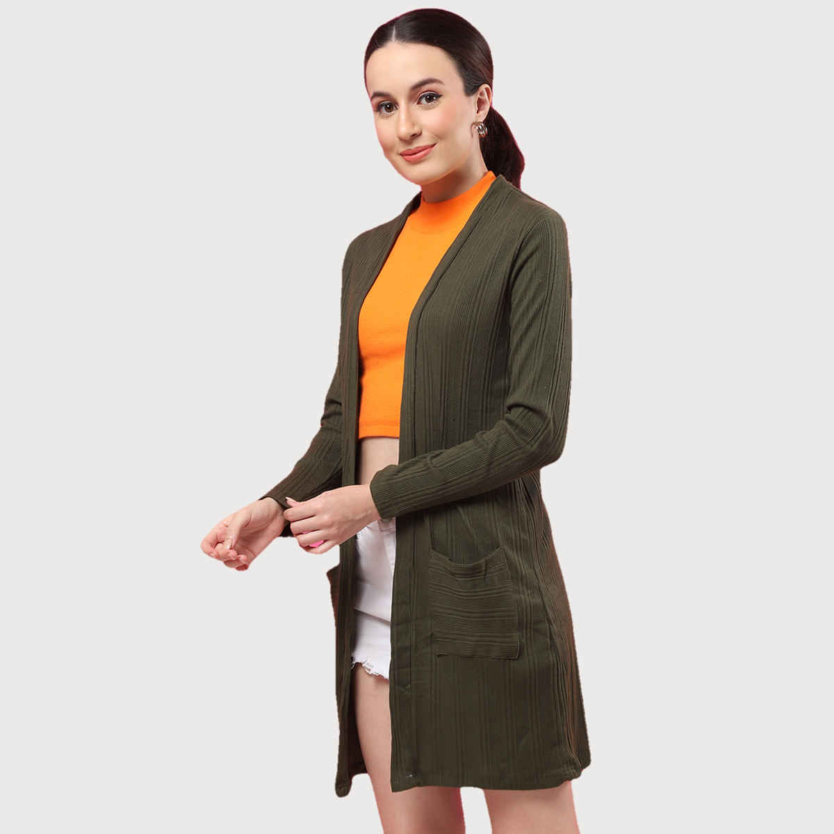 Rigo Women Front Open Long Rib Shrug | Olive - Free Size