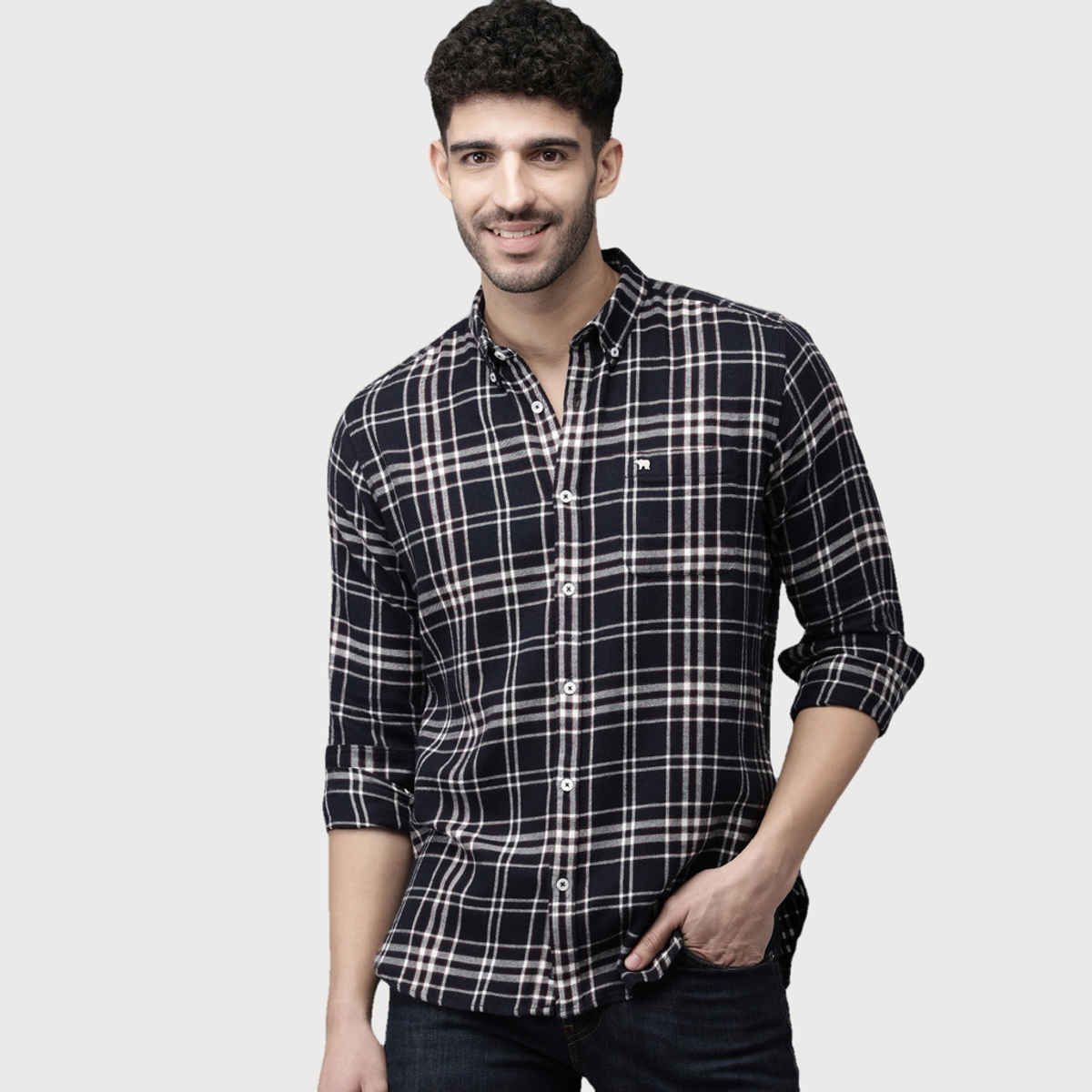 The Bear House Men Slim Fit Checked Button-Down Casual Shirt - Salva | Blue | XL