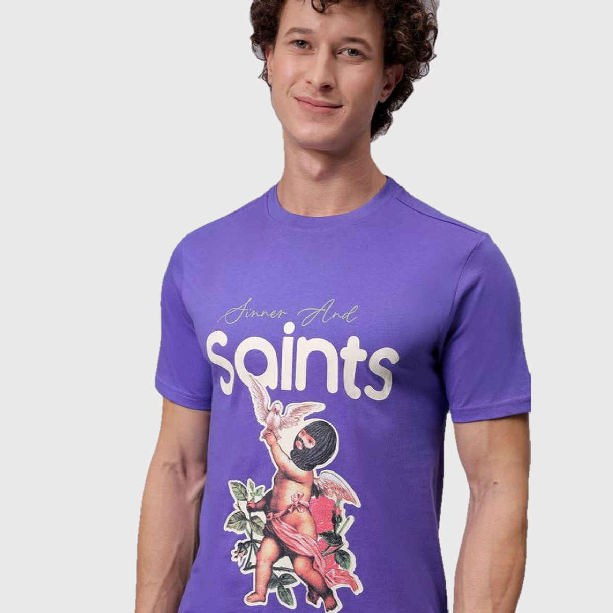 The Indian Garage Co Men's Slim Fit Placement Print Casual T-shirt | Purple Swirl - M