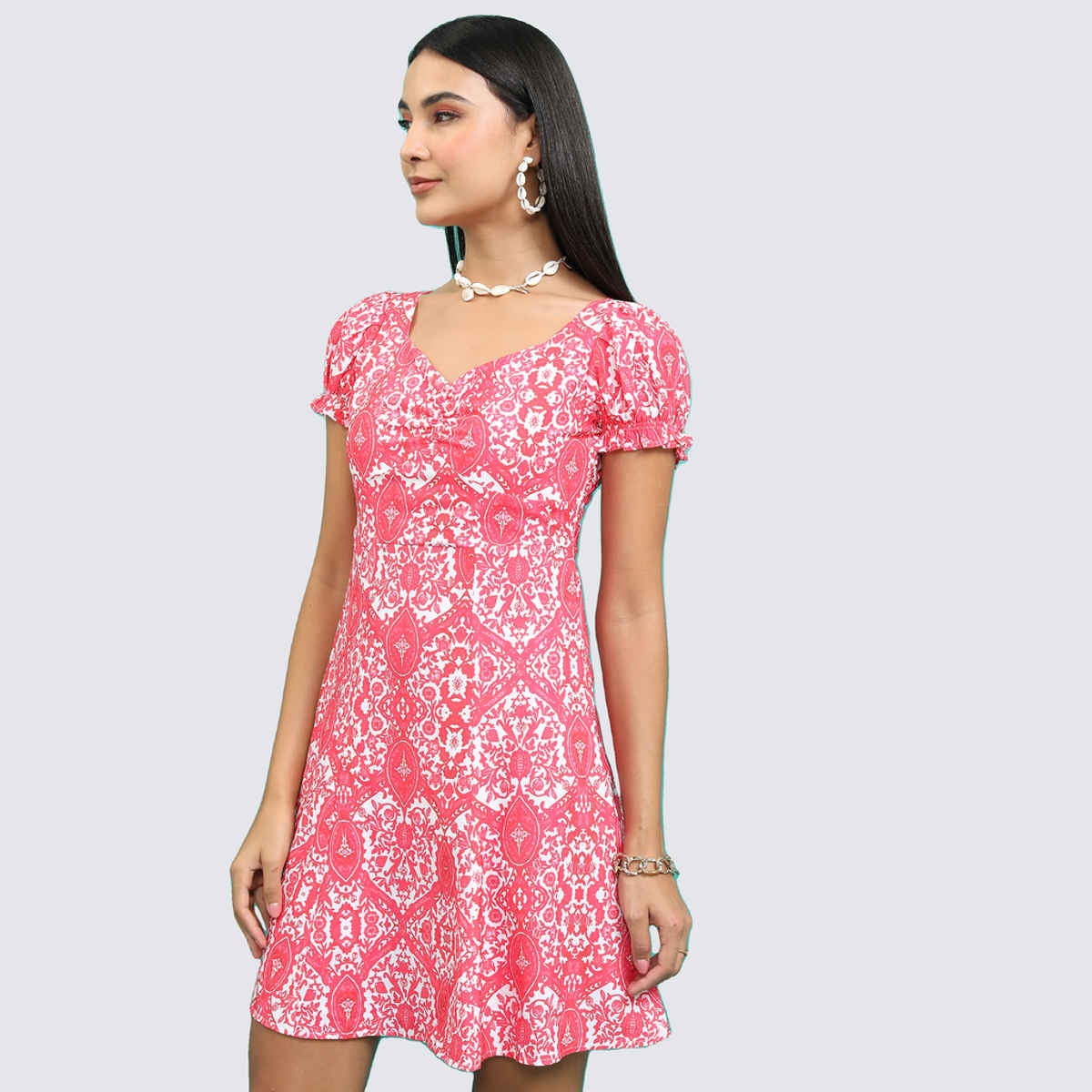 Tokyo Talkies Women's Ethnic Motifs Printed V - Neck Puff Sleeves A - Line Dress| Fuschia - S