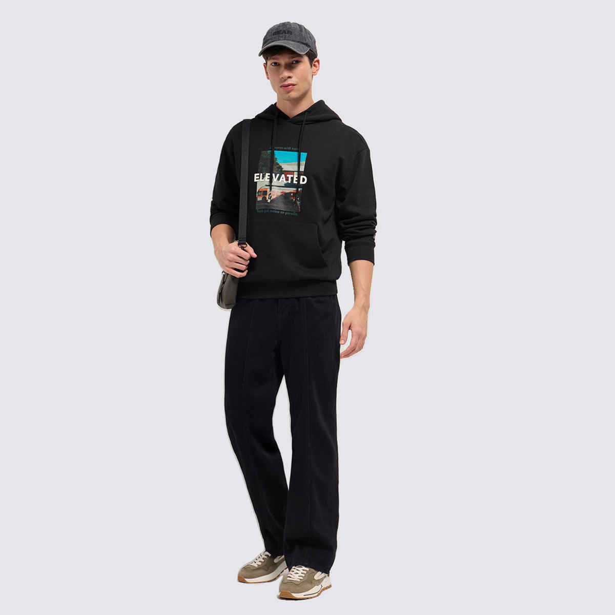 The Bear House Men's Relaxed Fit Hoodie with Scenic Graphic and ELEVATED Text | Black - L
