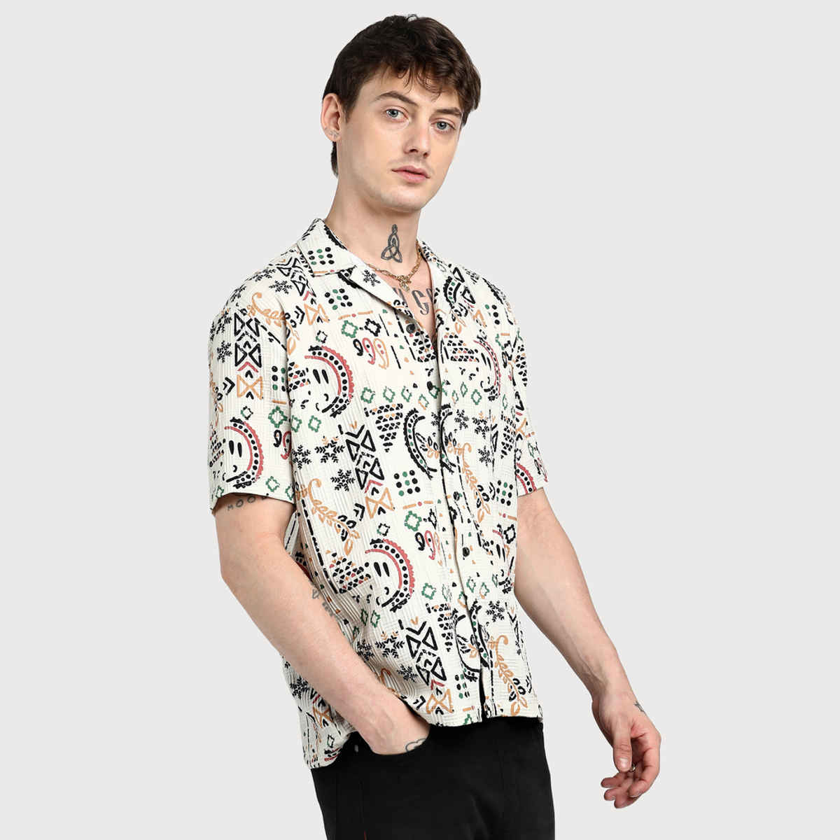 Campus Sutra Men's Polyester Oversized Bohemian Shirt | Off-White | S