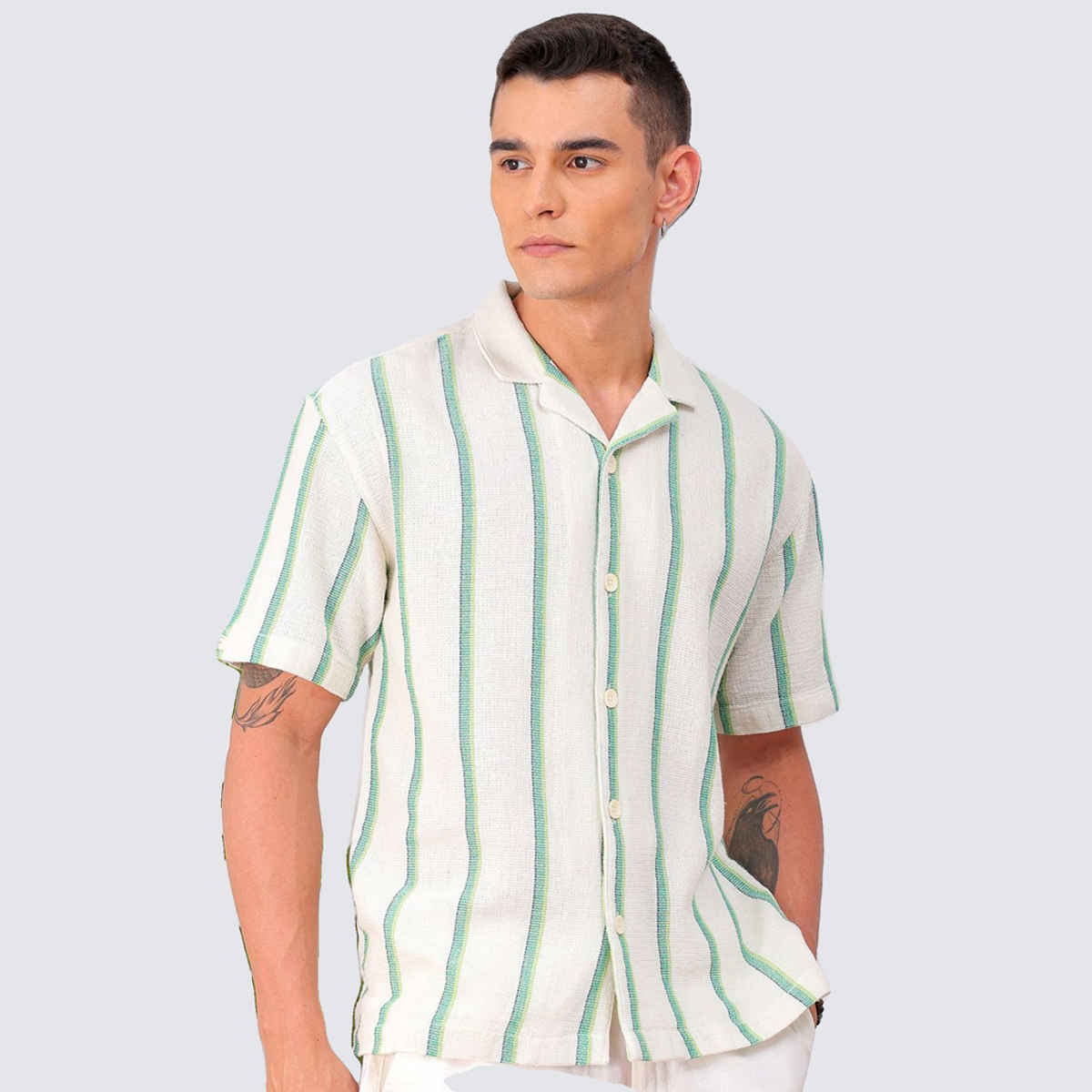 The Indian Garage Co Men's Relaxed Fit Striped Casual Shirt | Cream | M