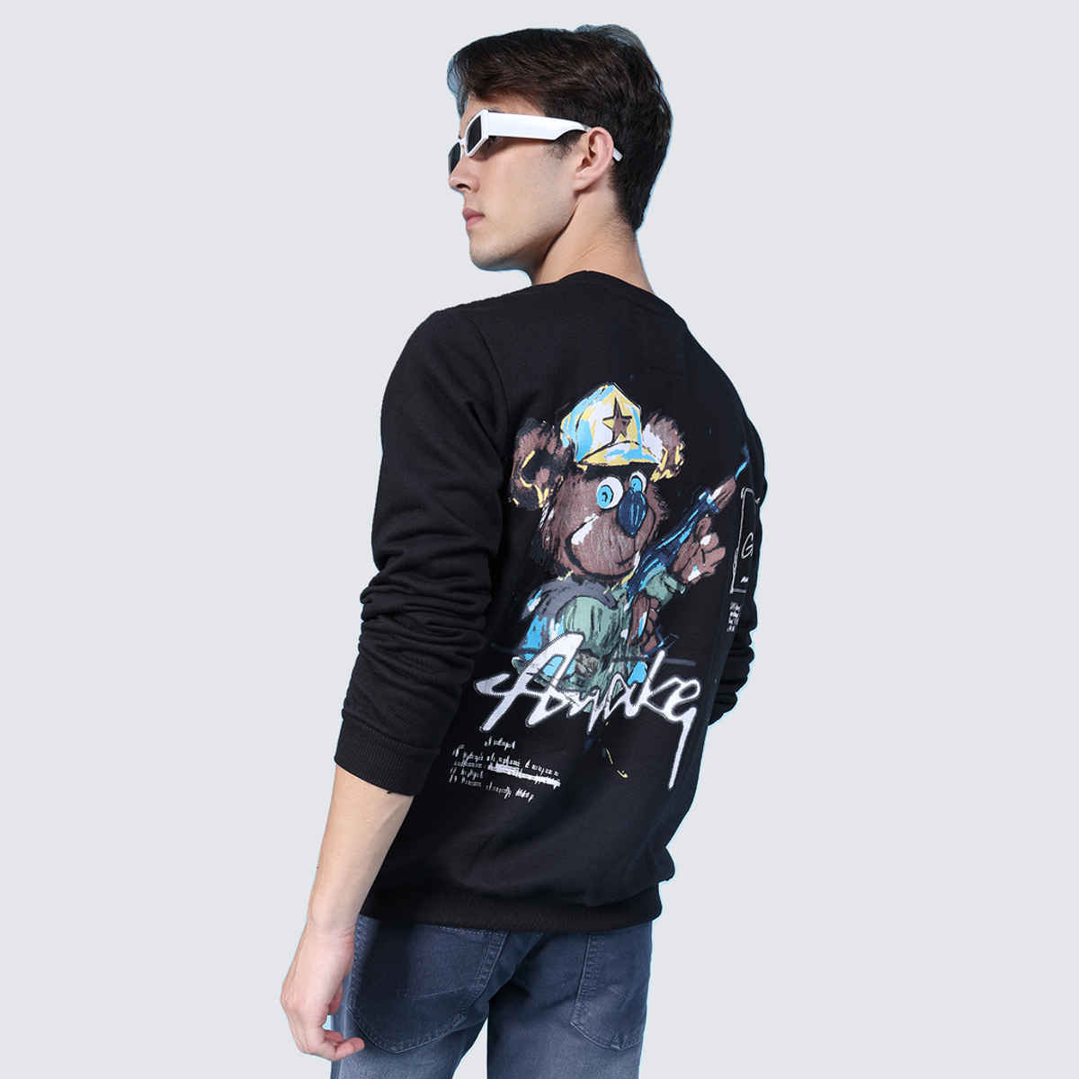 V-Mart Men's Printed Fleece Round Neck Sweatshirt | Black - M