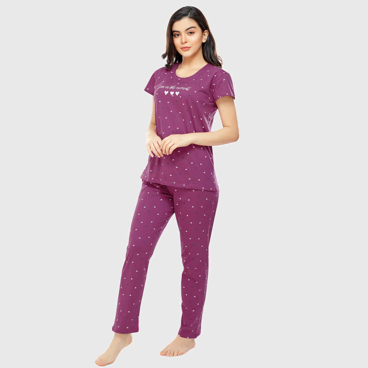 Zeyo Women's Cotton Heart Printed Plum Red Night Suit Set of Top & Pyjama | 5302-L