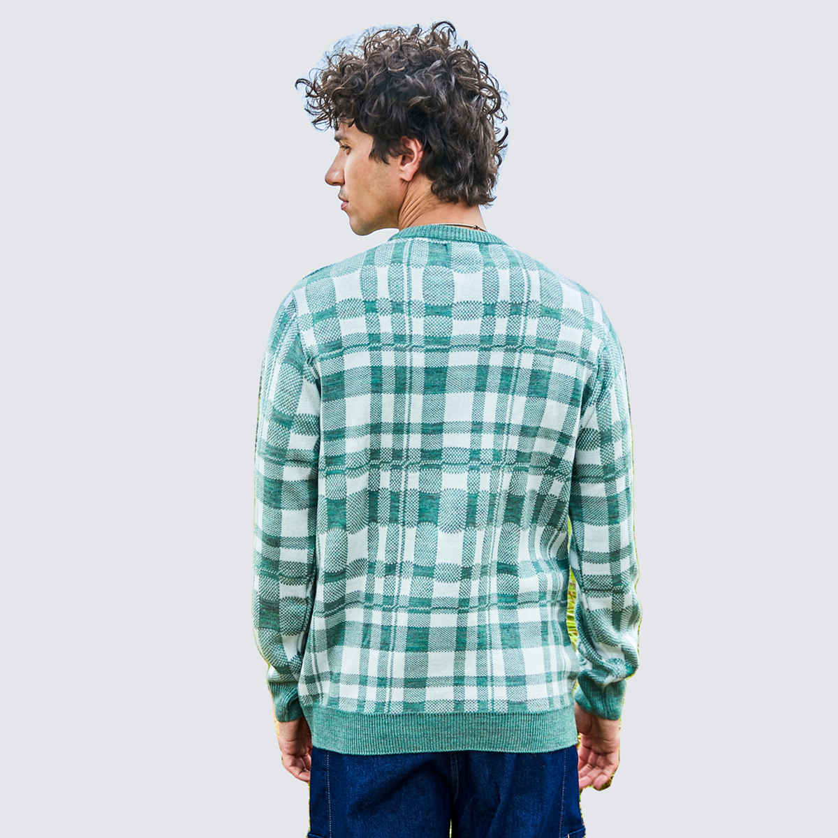 Campus Sutra Men's Tartan Plaid Pullover Sweater | Sage Green - L