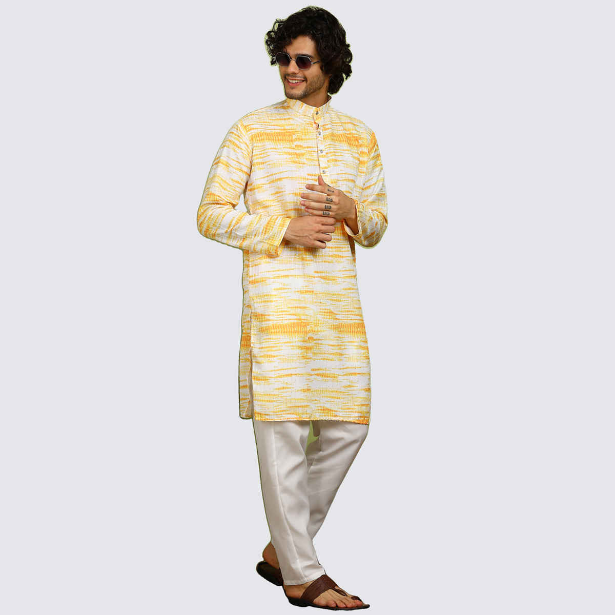 Allan Peter Men's Printed Long Kurta | Yelow - M