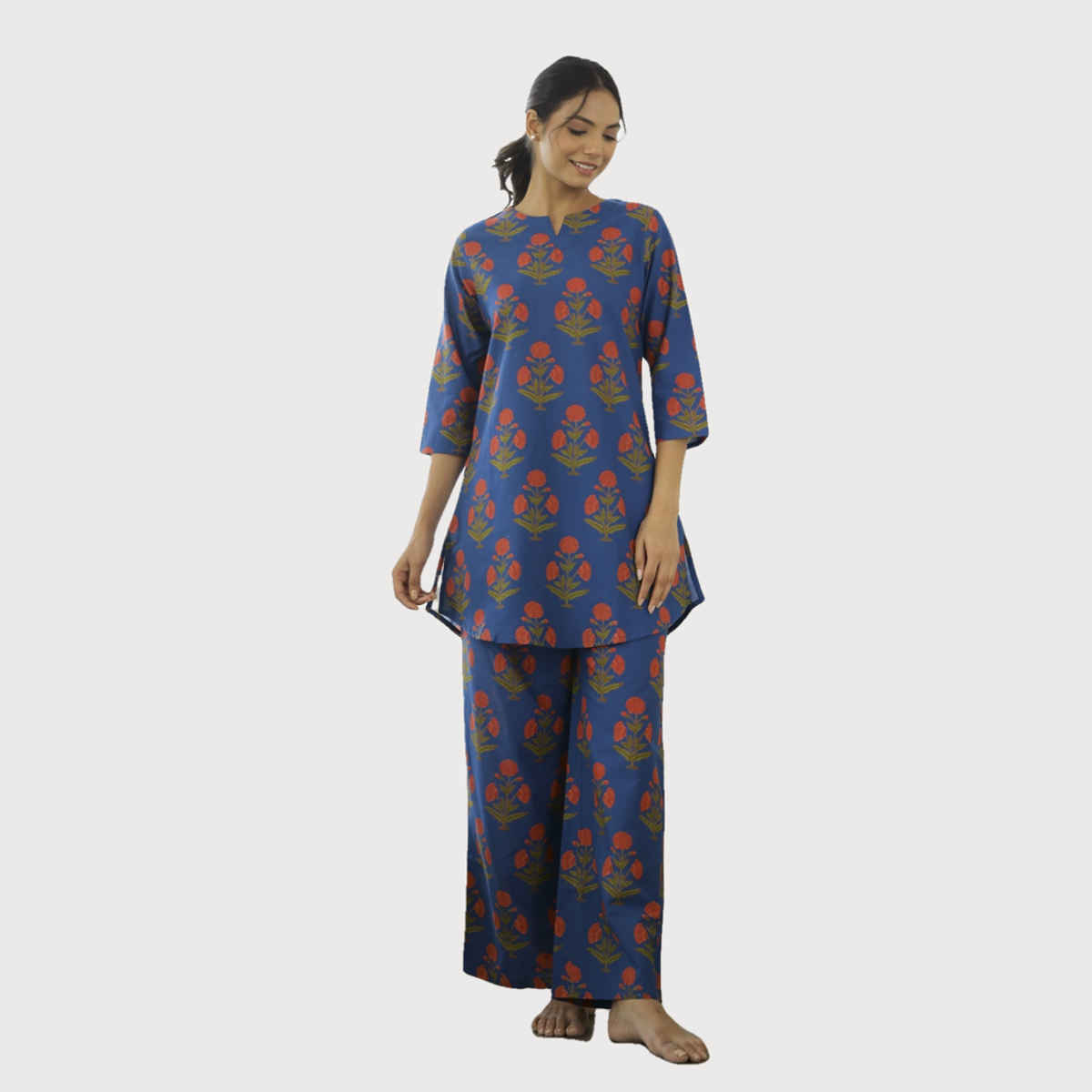 Sanskrutihomes Floral Printed Pure Cotton Night Suit | Blue - S