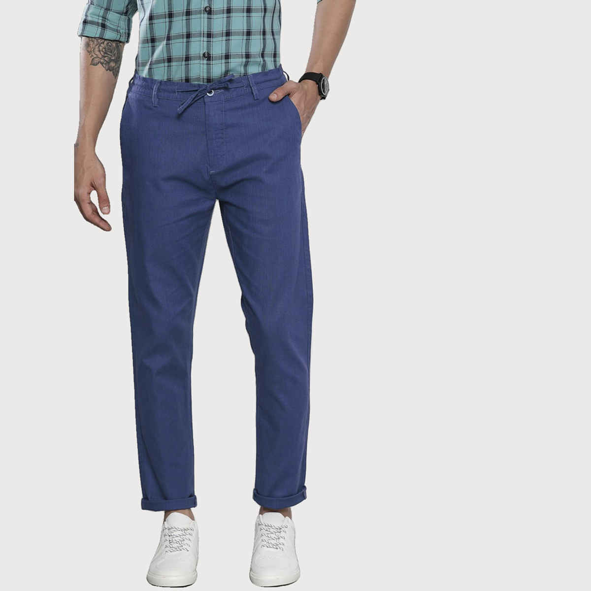 The Indian Garage Co Men's Slim Fit Solid Casual Linen Trousers | Blue Indigo - 32