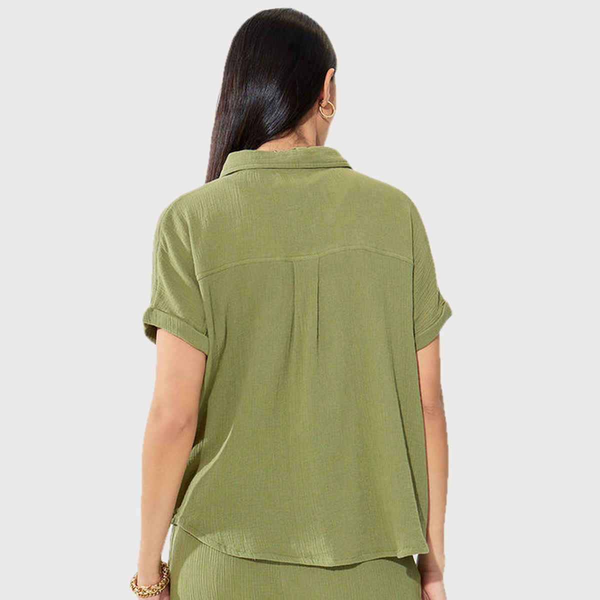 Styli Women's Regular Fit Shirt with Extended Shoulder and Cotton Fabric | Green - S