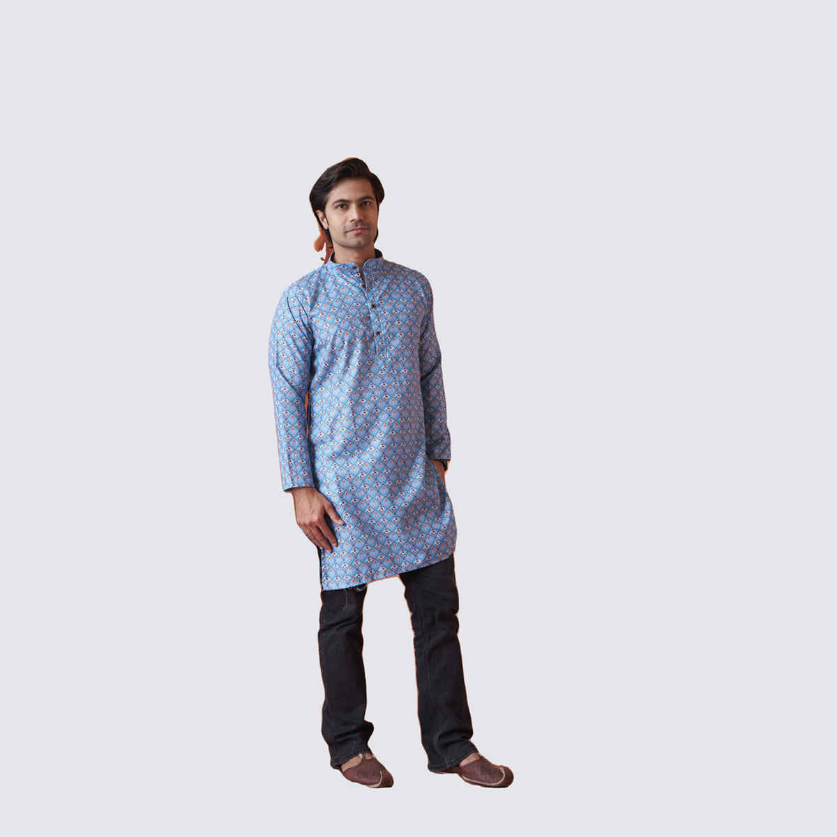 House Of Festivals Men's Printed Cotton Blend Long Kurta | Blue -S