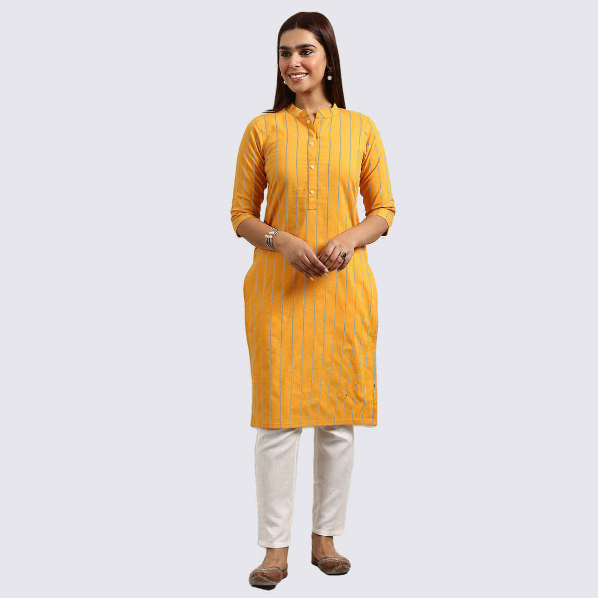 Libas Women's Striped Cotton Blend Straight Short | 29616 | Mustard - S