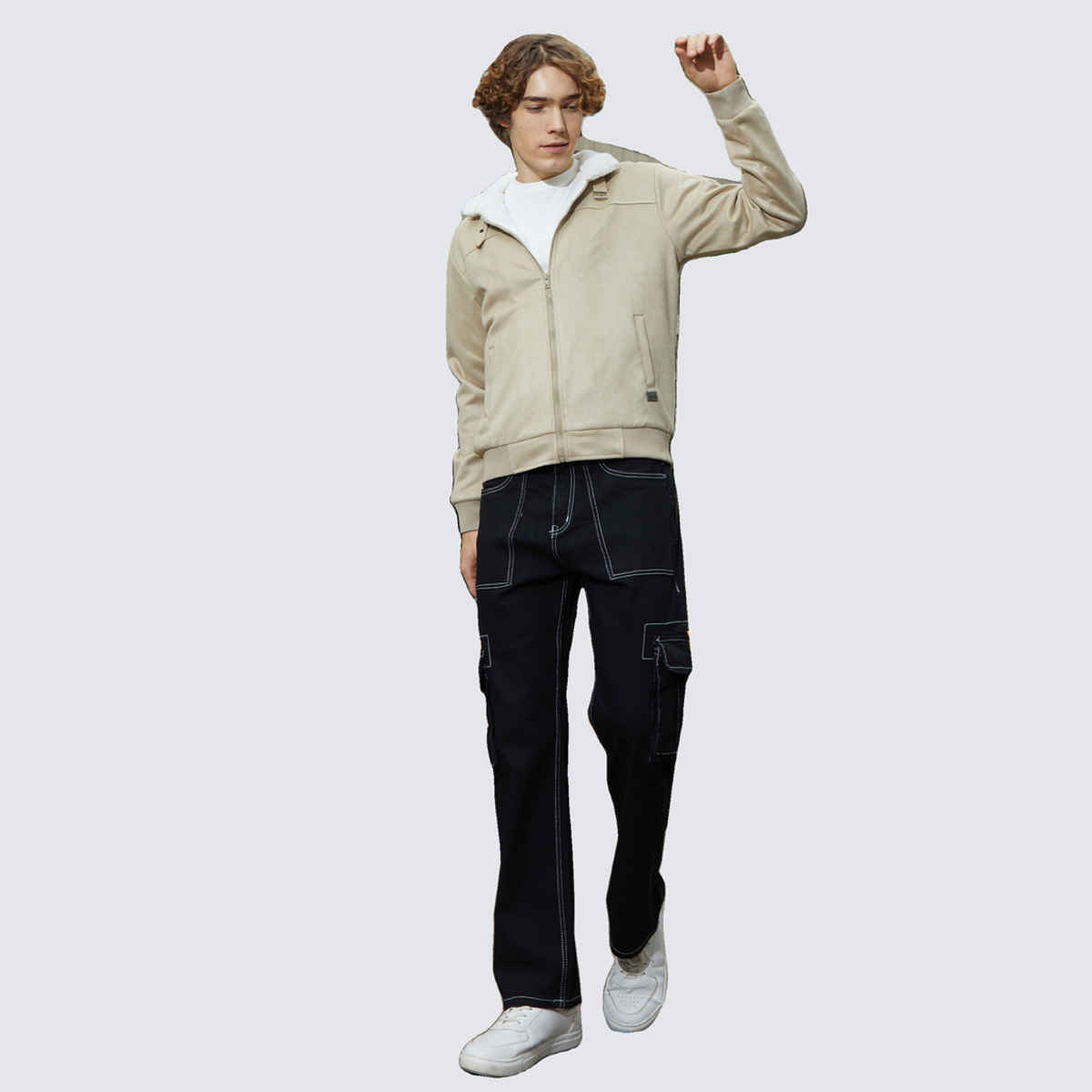 Campus Sutra Men's Fleece-Lined Bomber Jacket | Saltbox Beige & Chalk White - S