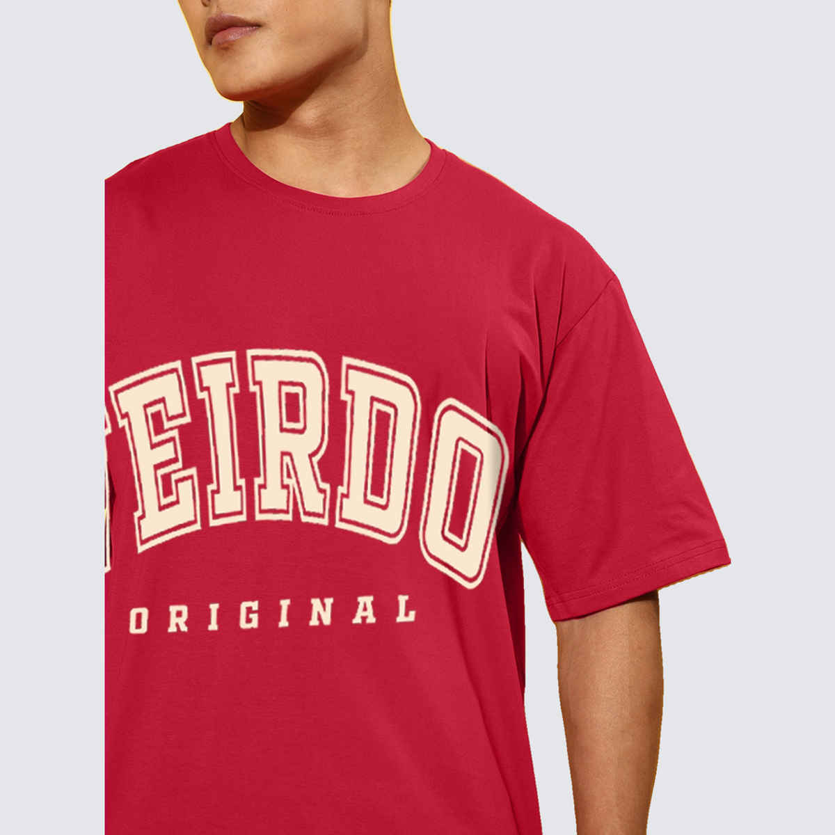Veirdo Pure Cotton Oversized Fit Round Neck Red Printed T-Shirt For Men - L