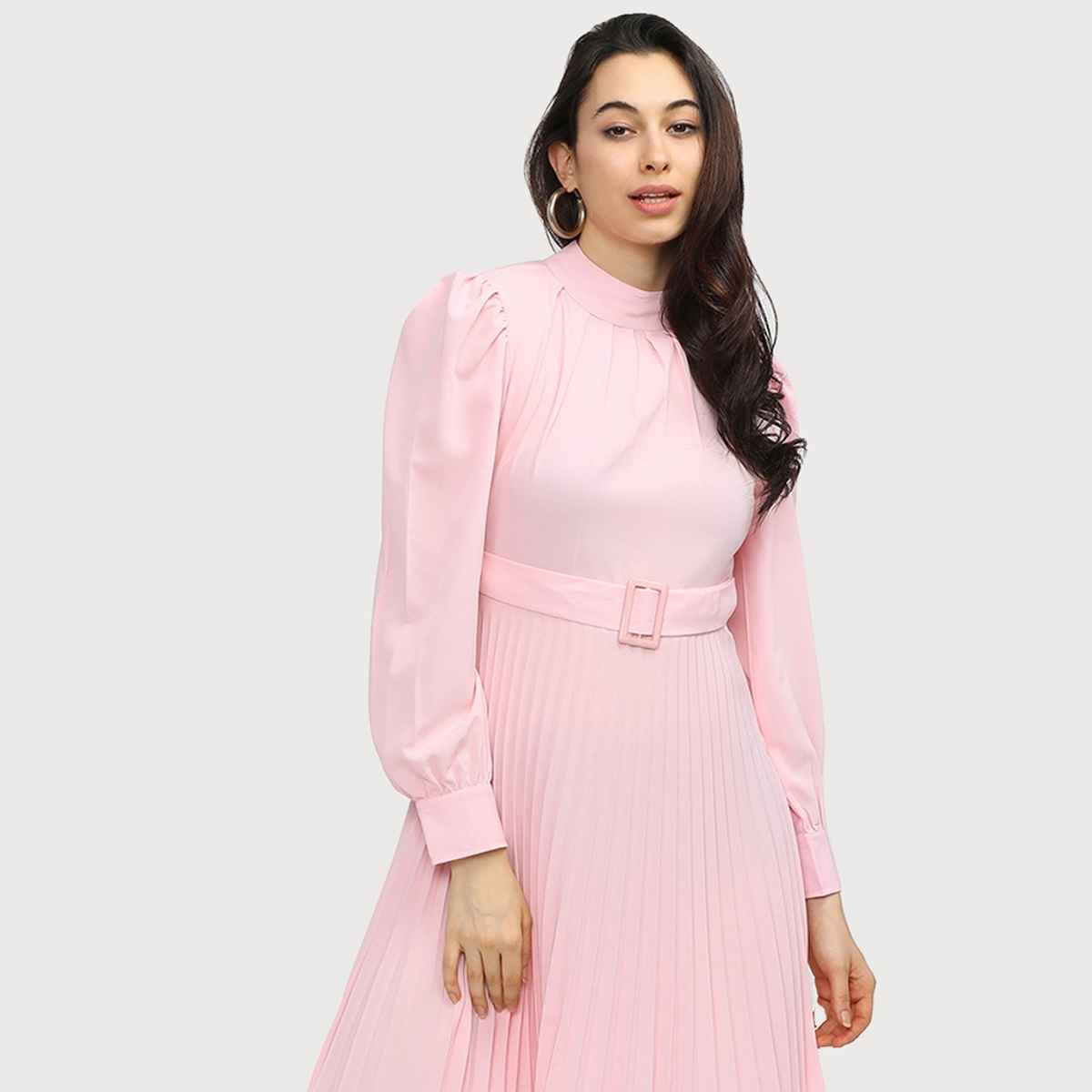 Tokyo Talkies Women's Solid High Neck Fit and Flare Dress | Pink - L