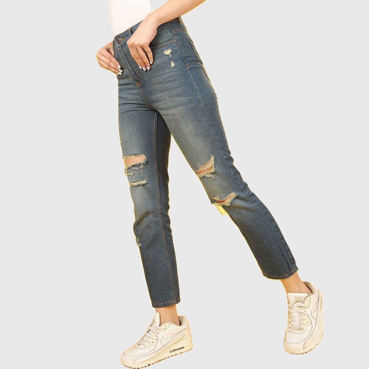 Freehand Women's Distress Straight Fit Jeans | Blue - 28