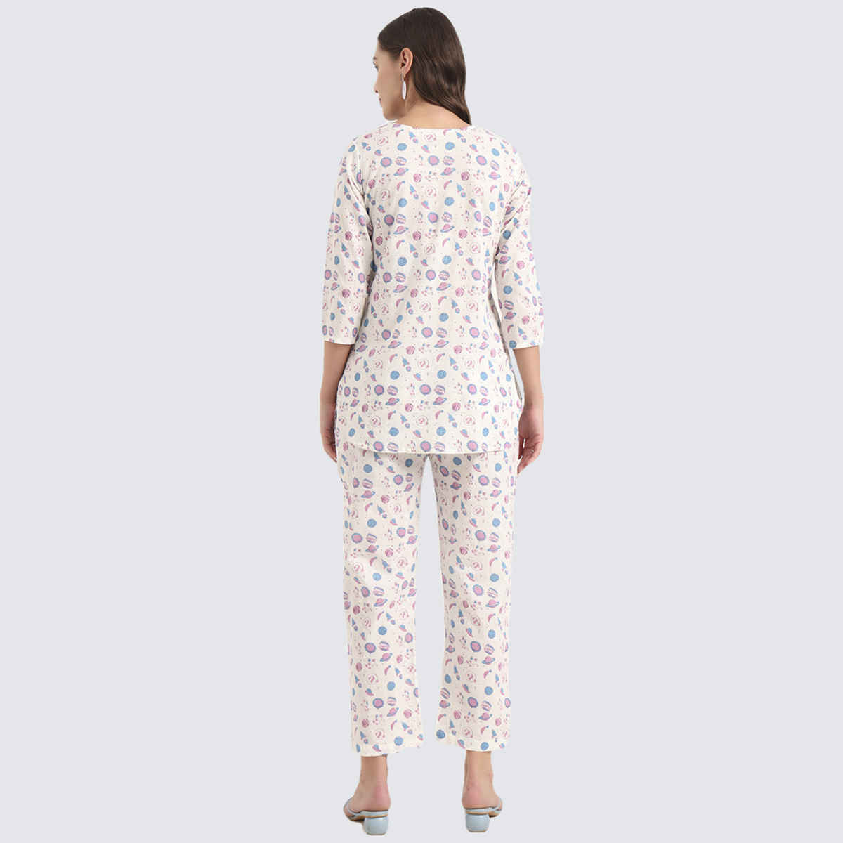 Divena Women's Cotton Floral Printed Night Suits | DK0285 | White - M
