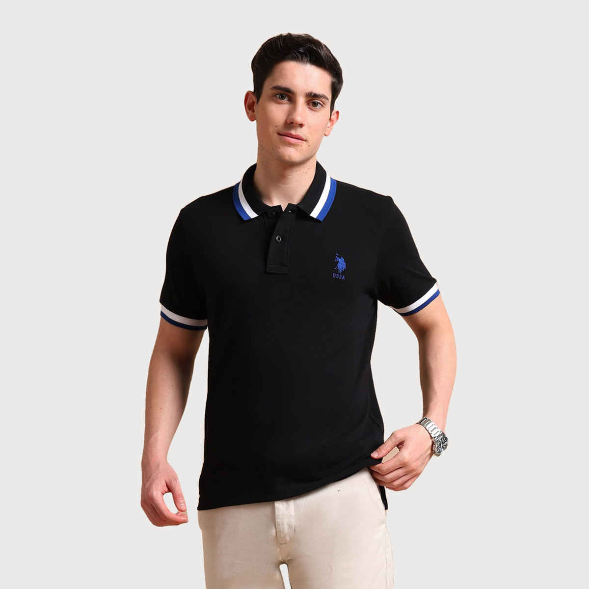 USPA Heritage Tipped Men's Polo T Shirt - Regular Fit - Black - S