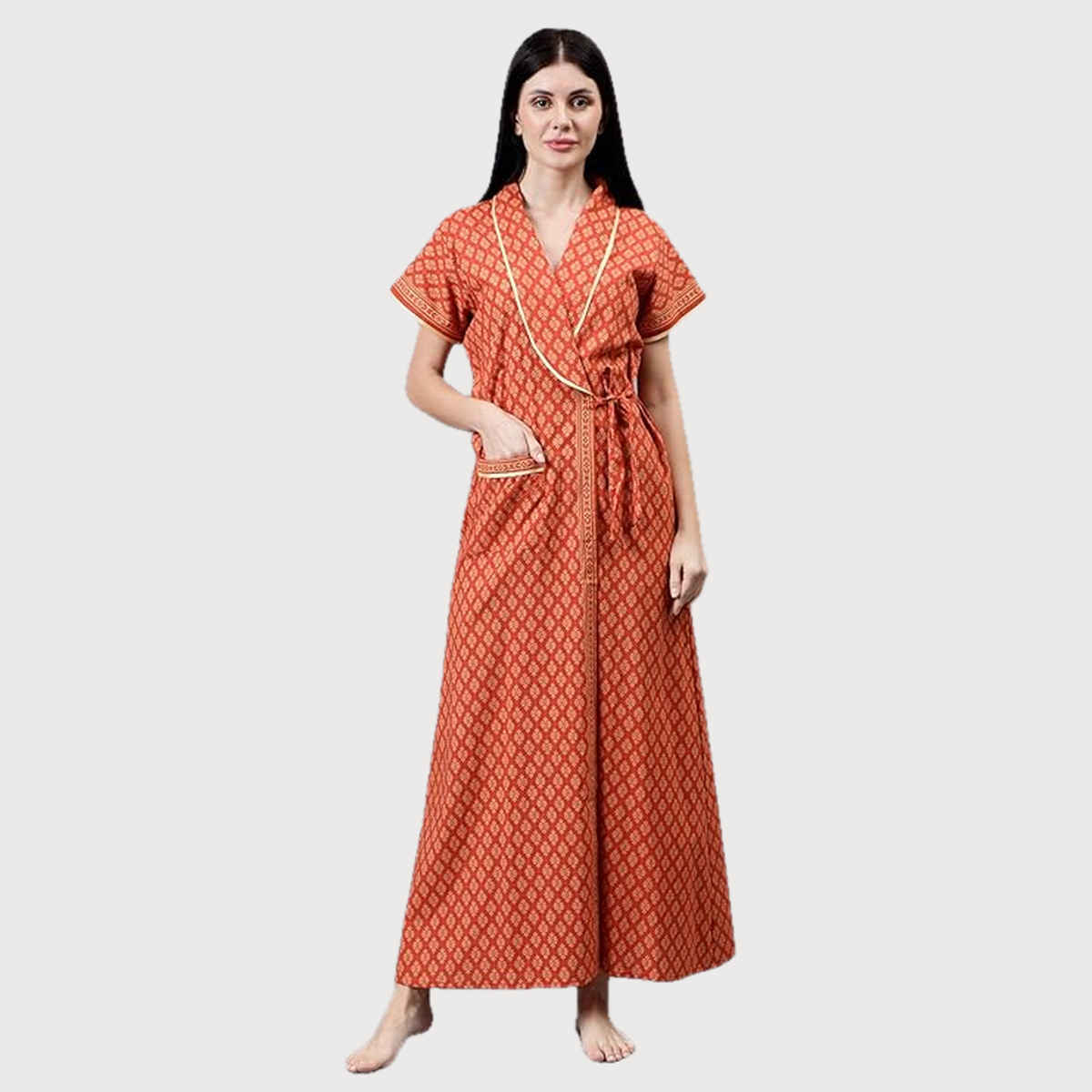 Bellamy Handprinted Cotton House Coats for Women s Nightwear | A054 | L - Orange