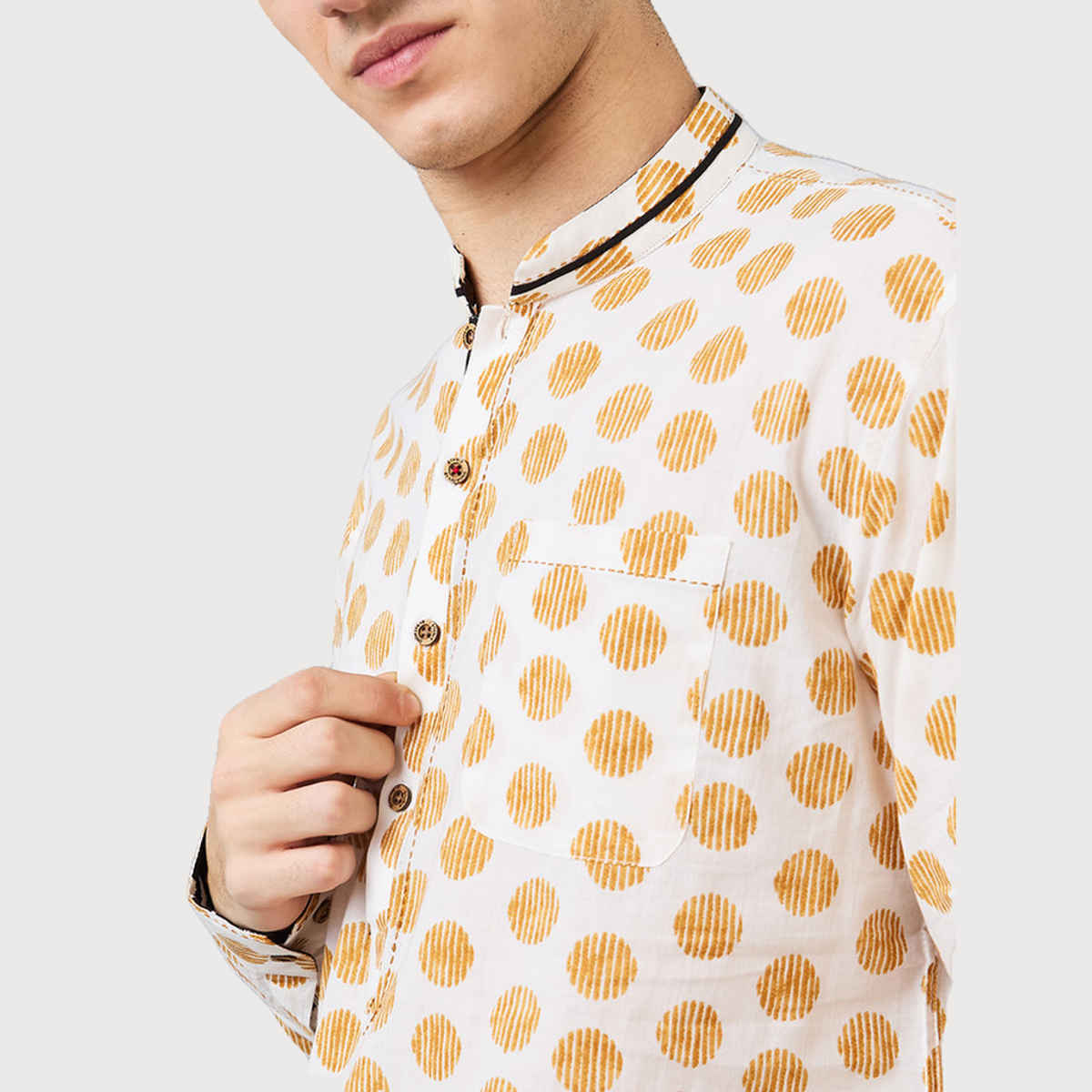Ethnix by Raymond Men's Fit Pure Cotton Full Sleeve Folded Collar Short Kurta | Light Yellow - M