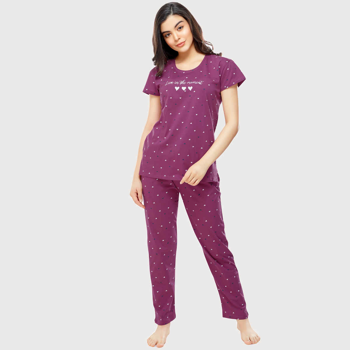 Zeyo Women's Cotton Heart Printed Plum Red Night Suit Set of Top & Pyjama | 5302-L