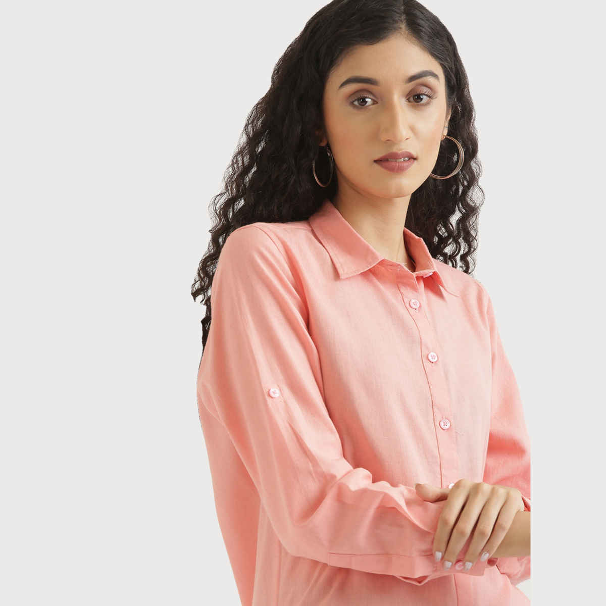 Saadaa Women's Airy Solid Linen Shirt | Peach - XL