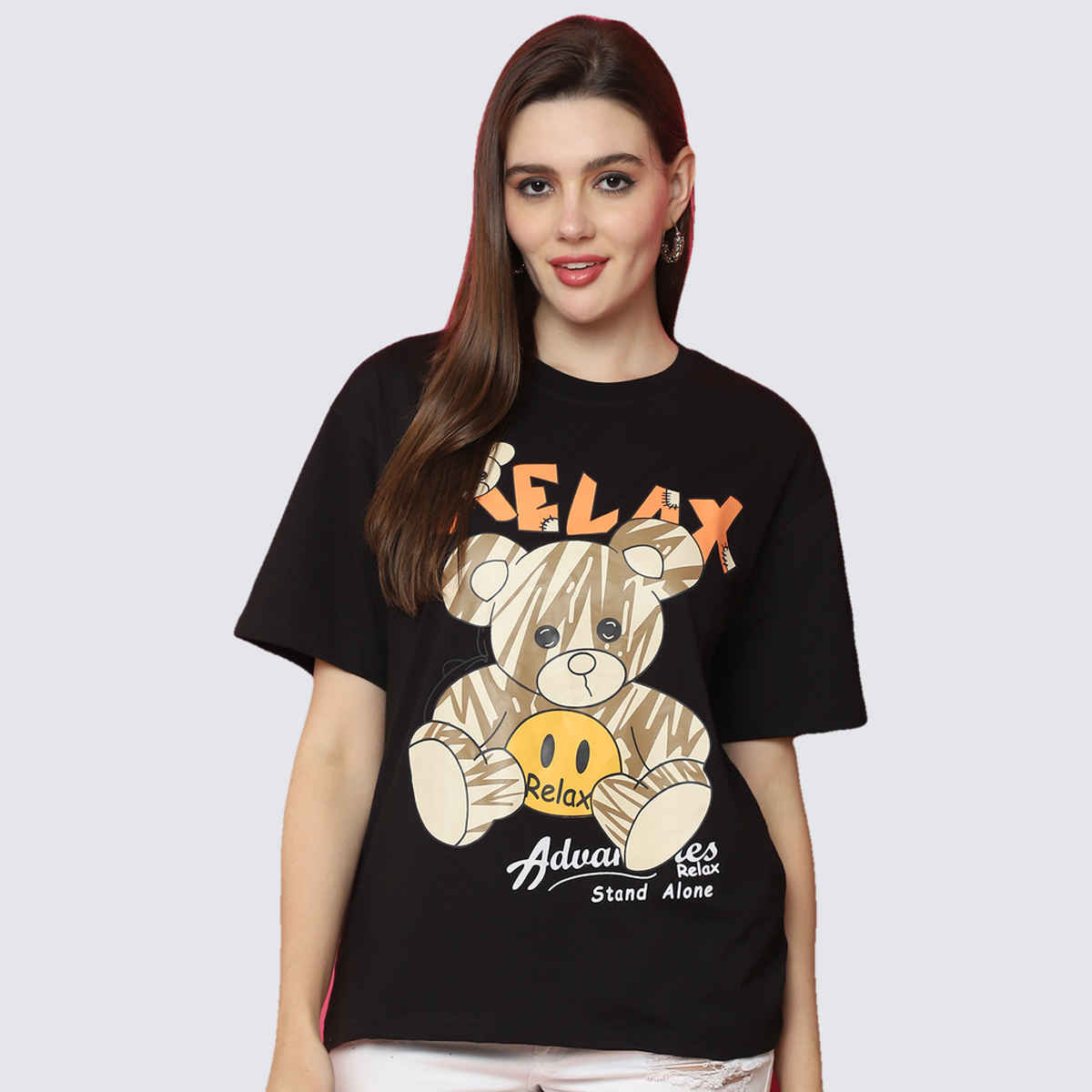 Fabflee Women Oversize Cotton Printed Round Neck Tshirt | Black | FAB-OS-520 | XL