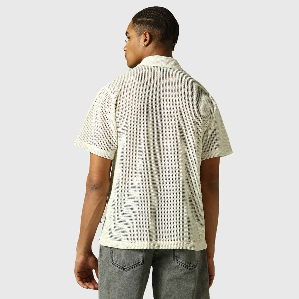 Hubberholme Men's Opaque Solid Cuban Collar Textured Fabric Oversized Casual Shirt | White - 44