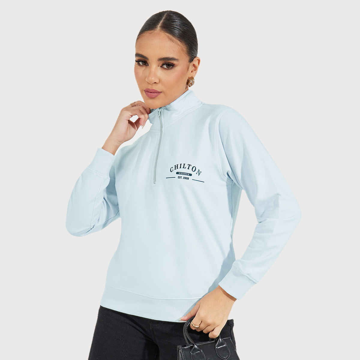 Styli Women's Regular Length Regular Fit- Half Zipper Sweatshirt | Grey - S