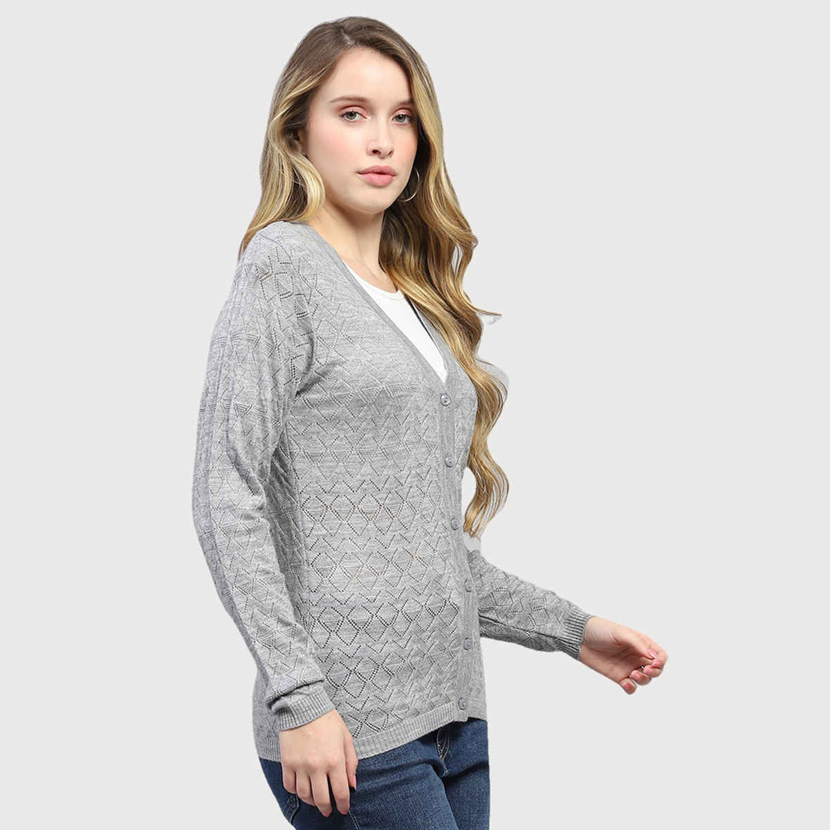 Monte Carlo Womens Grey Self Design V Neck Full Sleeve Cardigan |1243548Vn-102-36 |M