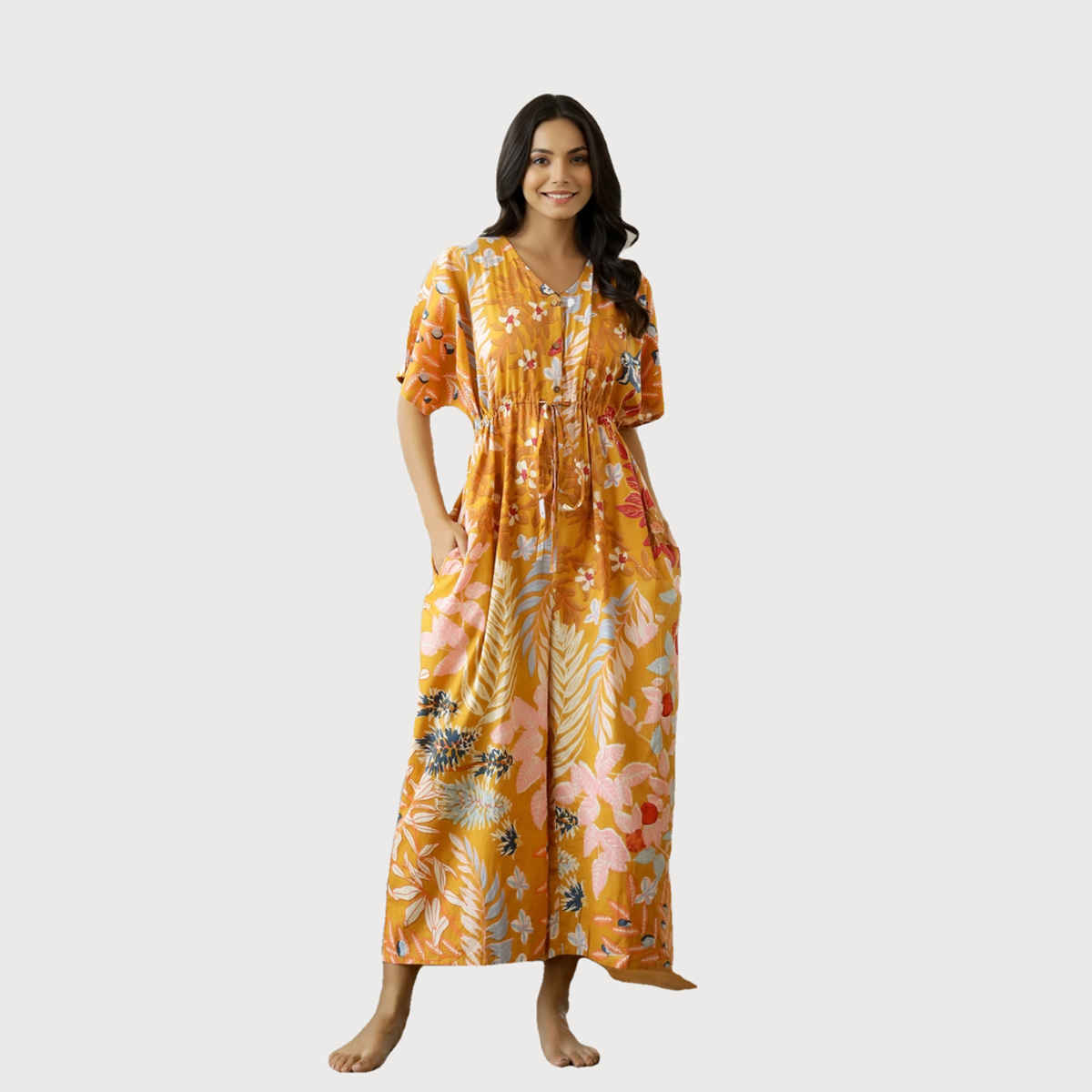 Sanskrutihomes Women s Floral Printed Waist Tie-Ups Cotton Basic Jumpsuit | Mustard | XXL