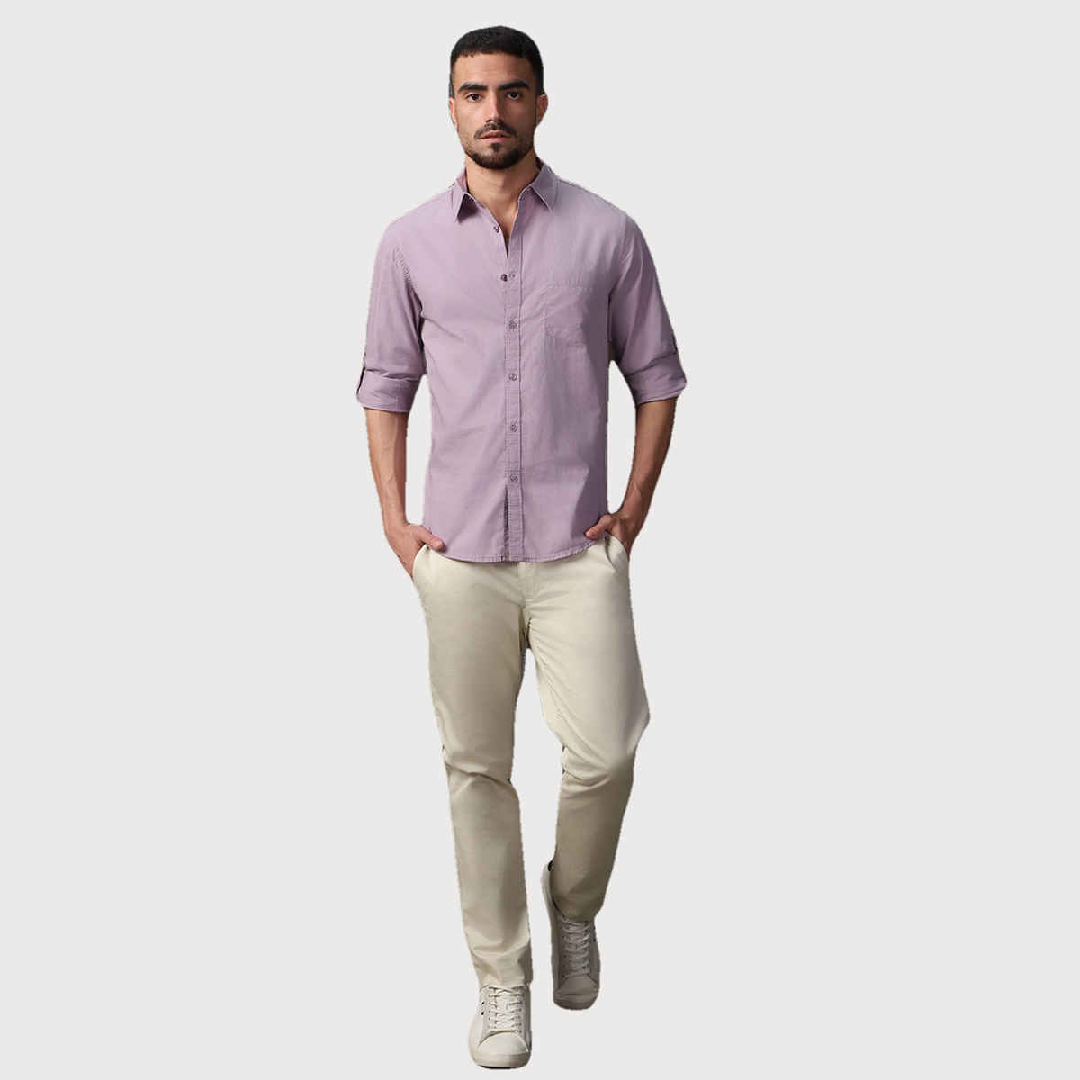 High Star Men Lavender Classic Spread Collar Roll Up Sleeves Cotton Casual Shirt (Size-38)