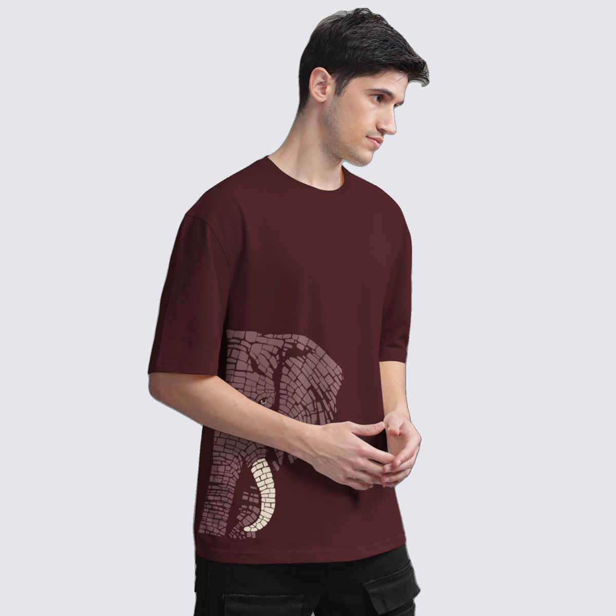 Bullmer Men's Oversized T-shirt Front and Back Printed | Trendy Maroon | S