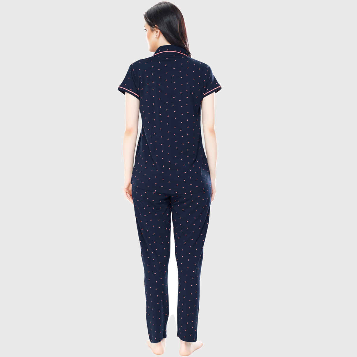 Zeyo Women's Cotton Flash Printed Navy Blue Night Suit Set of Shirt & Pyjama | 5251-XL
