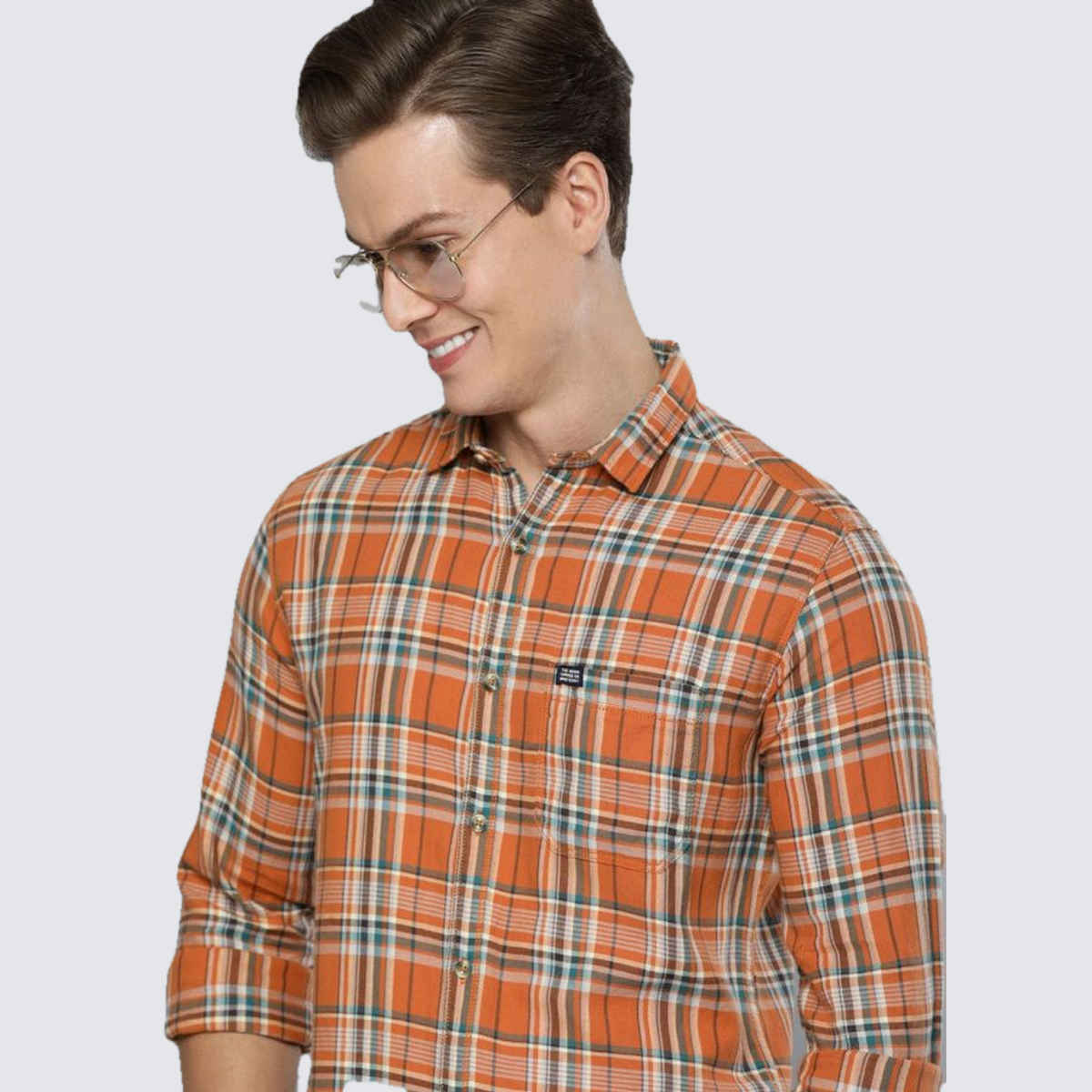 The Indian Garage Co Men's Slim Fit Checked Casual | Orange | S
