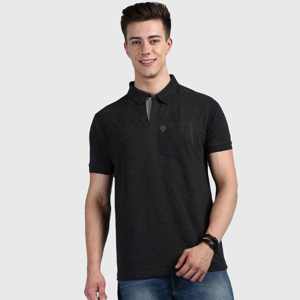 Lux Cozi Men's Solid Cotton Polo T-shirt with Pocket | Black Melange - XXL