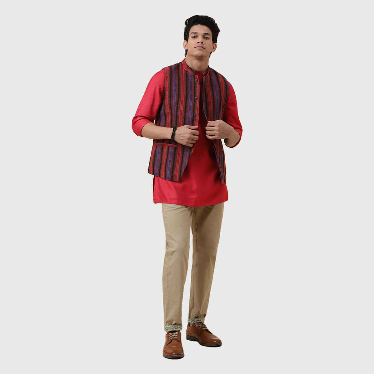 Fabindia Men's Nehru Jacket Printed Slim Fit | Red - M