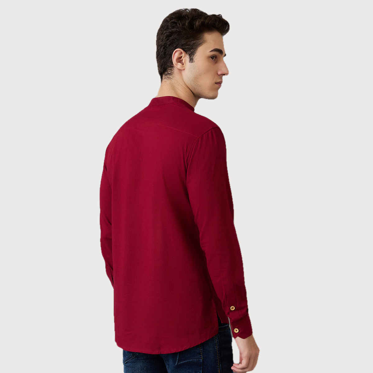 Ethnix by Raymond Men's Fit Pure Cotton Full Sleeve Folded Collar Short Kurta | Dark Red - L