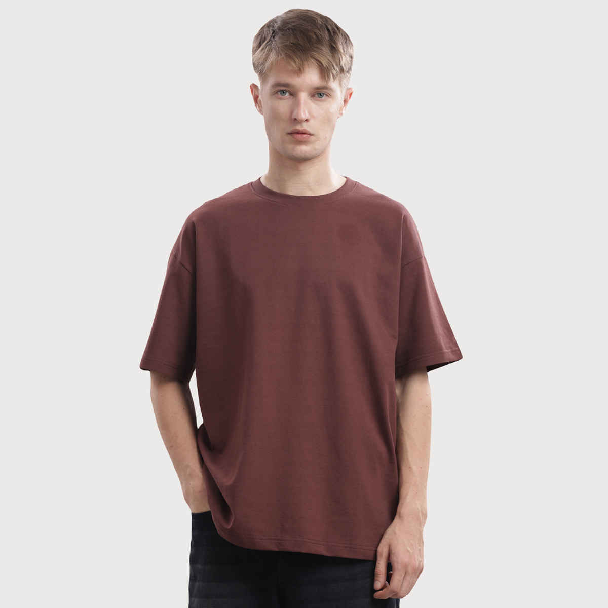 OUTLAWS Men's 100% Cotton Oversized T-Shirt | Half Sleeves | Round Neck | Maroon - M