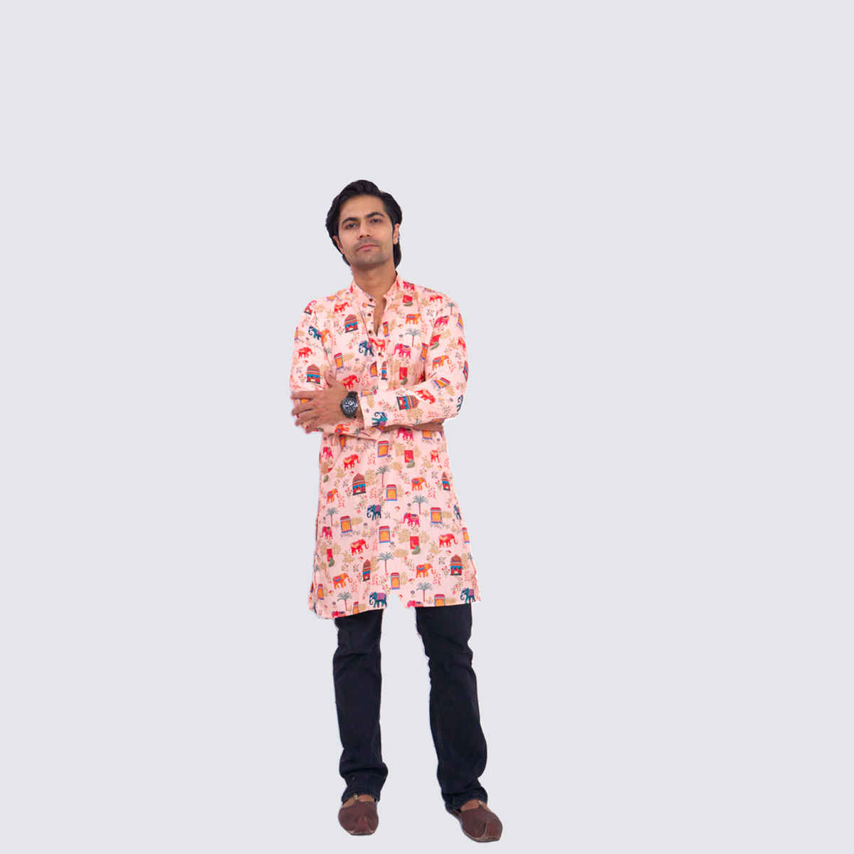 House Of Festivals Men's Printed Cotton Blend Ethnic Design Long Kurta | Multicolor - S