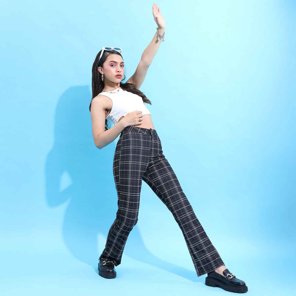 Ketch Women's Mid Rise Plain Checked Trousers | Black and White - 34