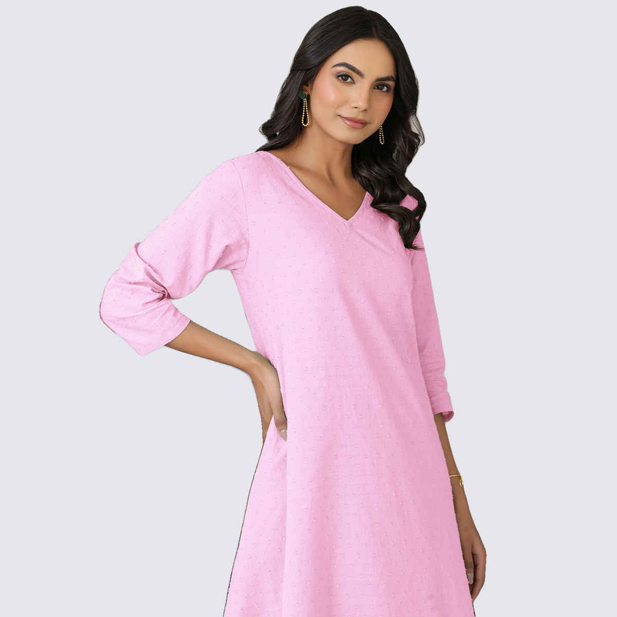 Janasya Women's Pure Cotton Self Design A-line Kurta With Culotte Pant Set | Pink Dobby - XS