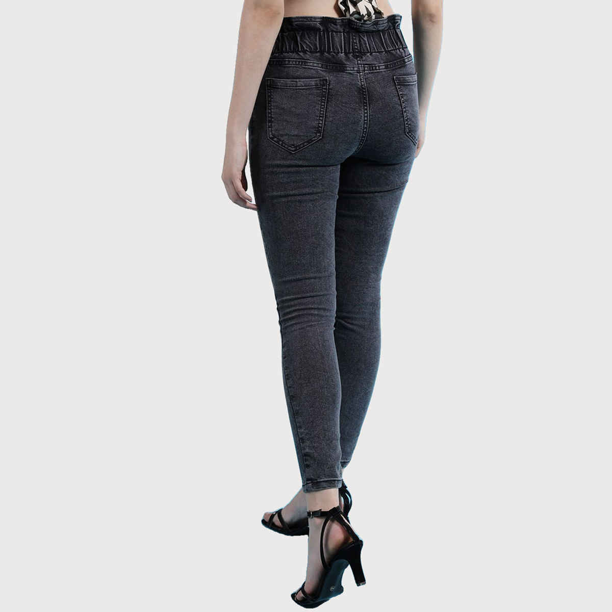 Buy Freehand Women's Elasticated Ruffle Slim Fit Denim Jeans | Black ...